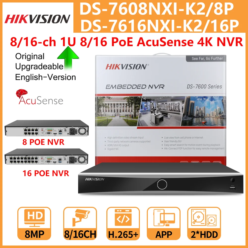 

Hikvision 4K NVR 8-CH DS-7608NXI-K2/8P 16-CH DS-7616NXI-K2/16P 8/16 POE Ports AcuSense Facial Recognition Network Video Recorder