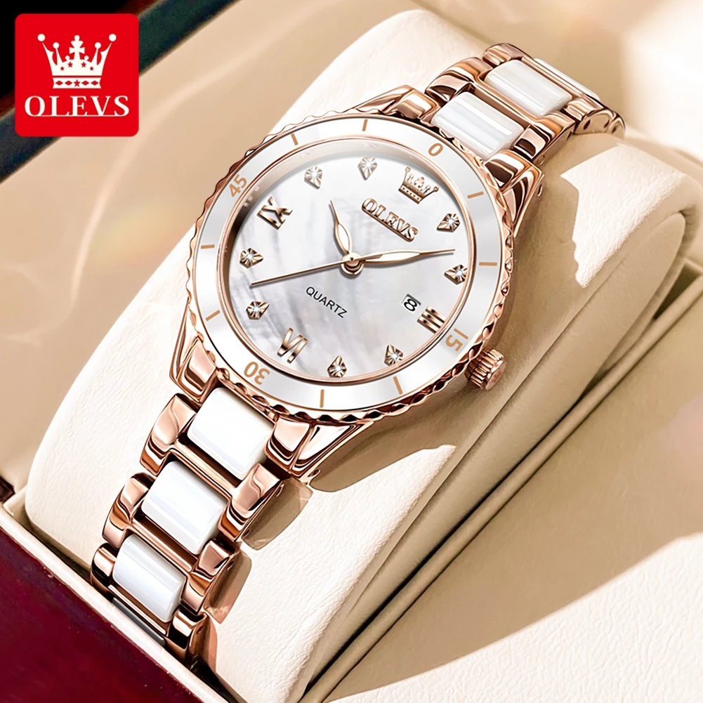 

OLEVS 9985 New Luxury Brand Ceramic Women's Watch Elegant Rose Gold Diamond Waterproof Calendar Quartz Women's Watch Reloj Mujer