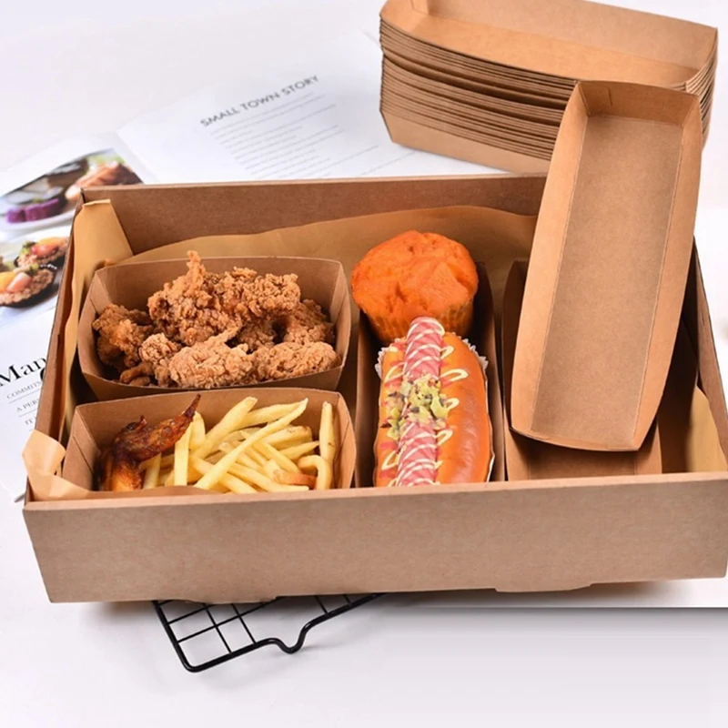 

200Pcs Disposable Kraft Paper Food Serving Tray Foldable Coating Snack Open Box Hot Dog Fries Chicken Box Kraft Paper