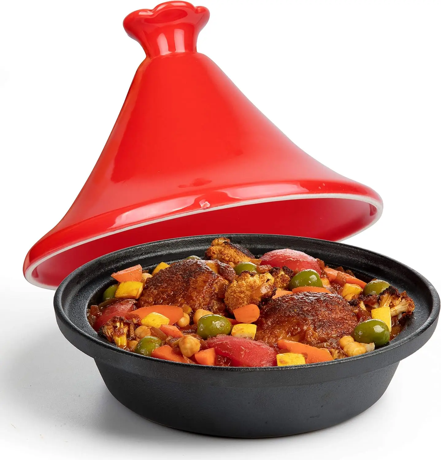 Moroccan Cast Iron 4 qt Cooker Pot with Recipe Book, One-Pot Tajine Cooking, Enameled Ceramic Lid- 500 F Oven Safe Dish w Large
Moroccan Cast Iron 4 qt Cooker Pot with Recipe Book, One-Pot Tajine Cooking, Enameled Ceramic Lid- 500 F Oven Safe Dish w Large