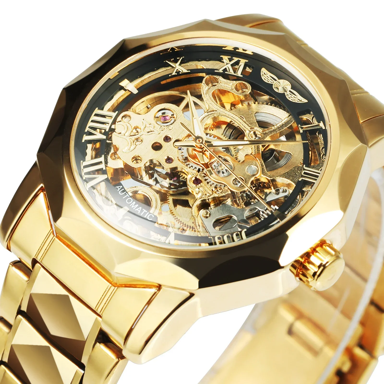 

WINNER Watch Men Luxury Gold Skeleton Watches Stainless Steel Strap Automatic Mechanical Wristwatches Men Relojes Para Hombre