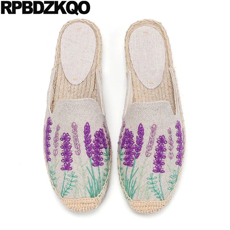 

Straw Espadrilles Flats Mules Slides Floral Big Size Flower Embroided Women Linen Rope Lavender Sandals Half Shoes Hemp Slippers