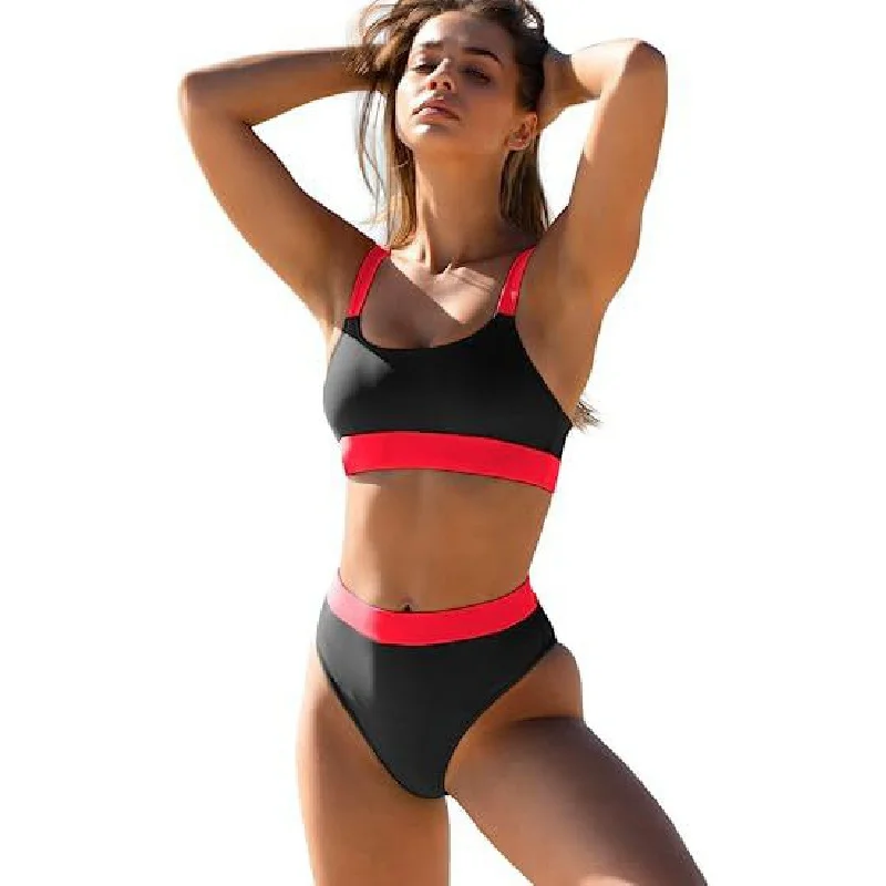 

Women High Waisted Bikini Set Sports Color Block Swimsuit Scoop Neck Cheeky Bathing Suit Casual And Comfortable Two-Piece XS-2X