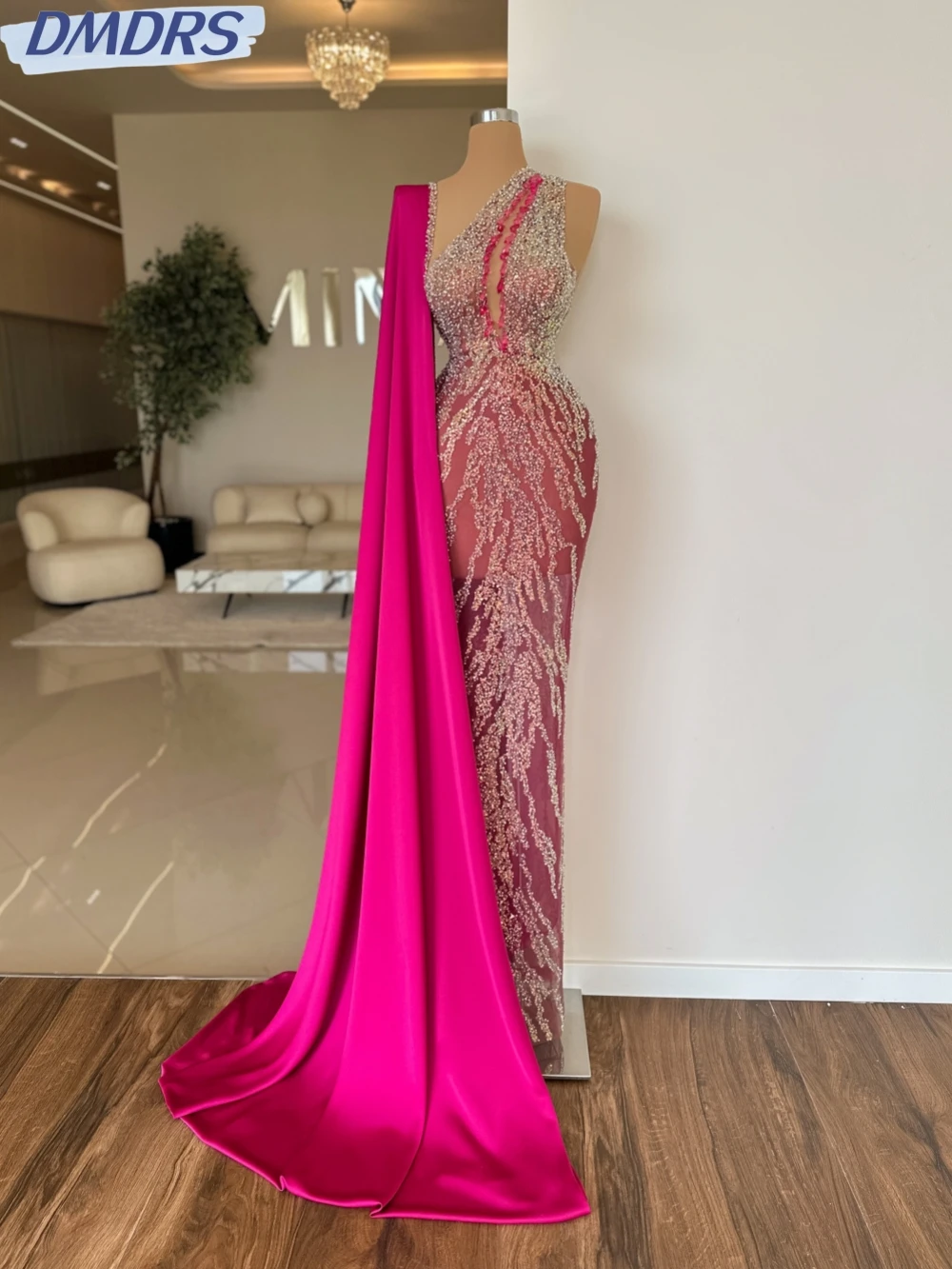 

Side Cape One Shoulder Prom Gown Sparkly Sequins Pearls Cocktail Dresses Luxury Sexy Illusion Long Evening Dress Robe De Mariée