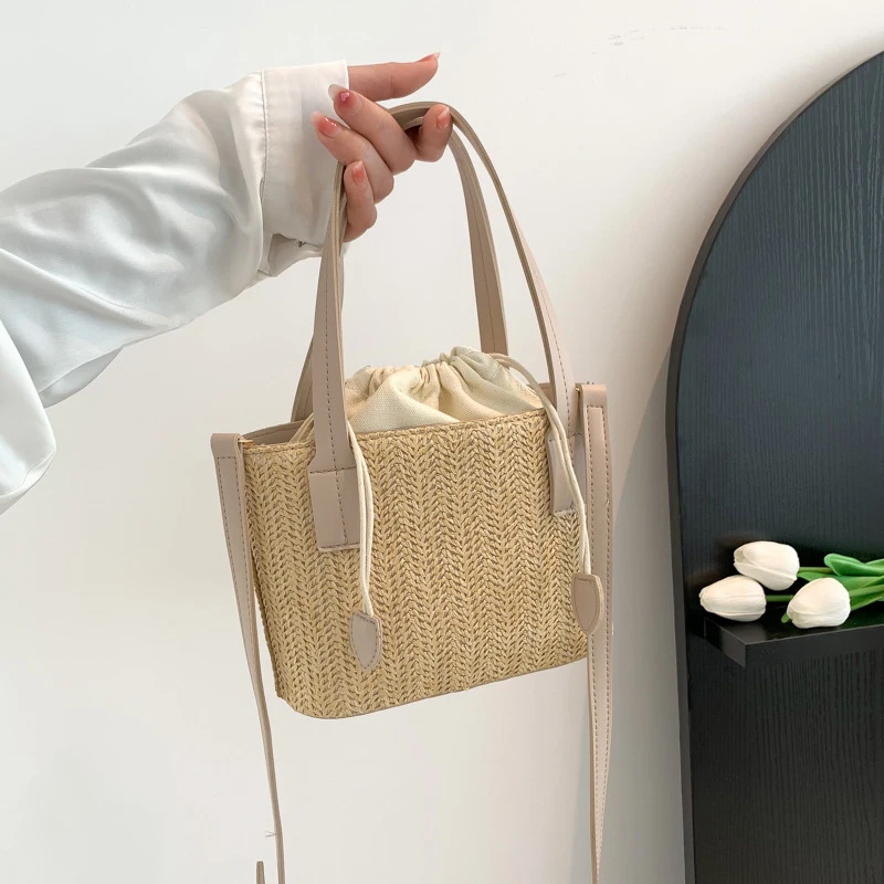 Knit Straw Bucket Tote - Woven Beach Travel Bag with Wrist Handle 3 S7979c9b8b7b74cd1a9988e3b83530531y