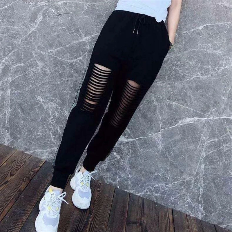 

Women Summer Trendy Hollow Bright Silk Casual Streetwear Harem Pants Female Black Loose Sports Joggers Sweatpants Y2K Pantalones