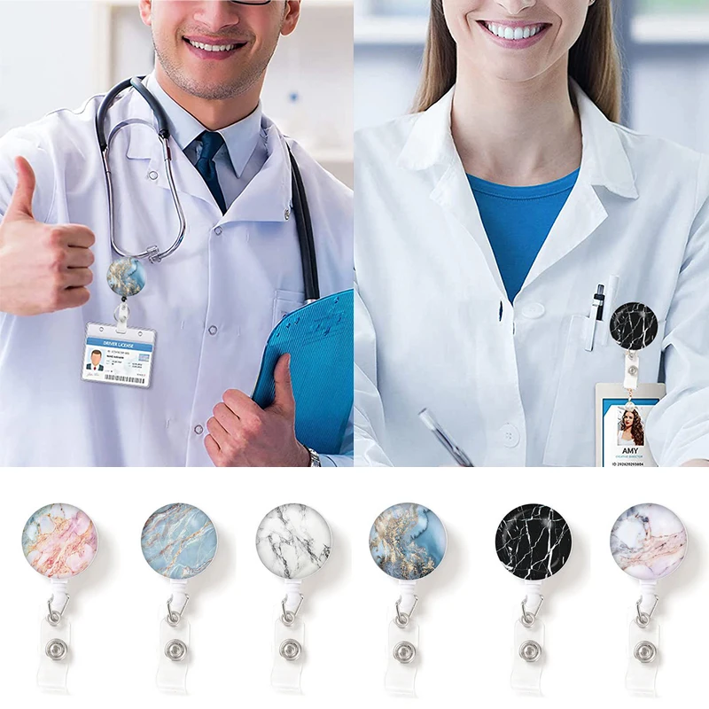 

Marble Nurse Doctor Retractable Badge Reel card Holder Work Card Easy Pull Buckle Work Name ID Card Badges Office Work Card Clip