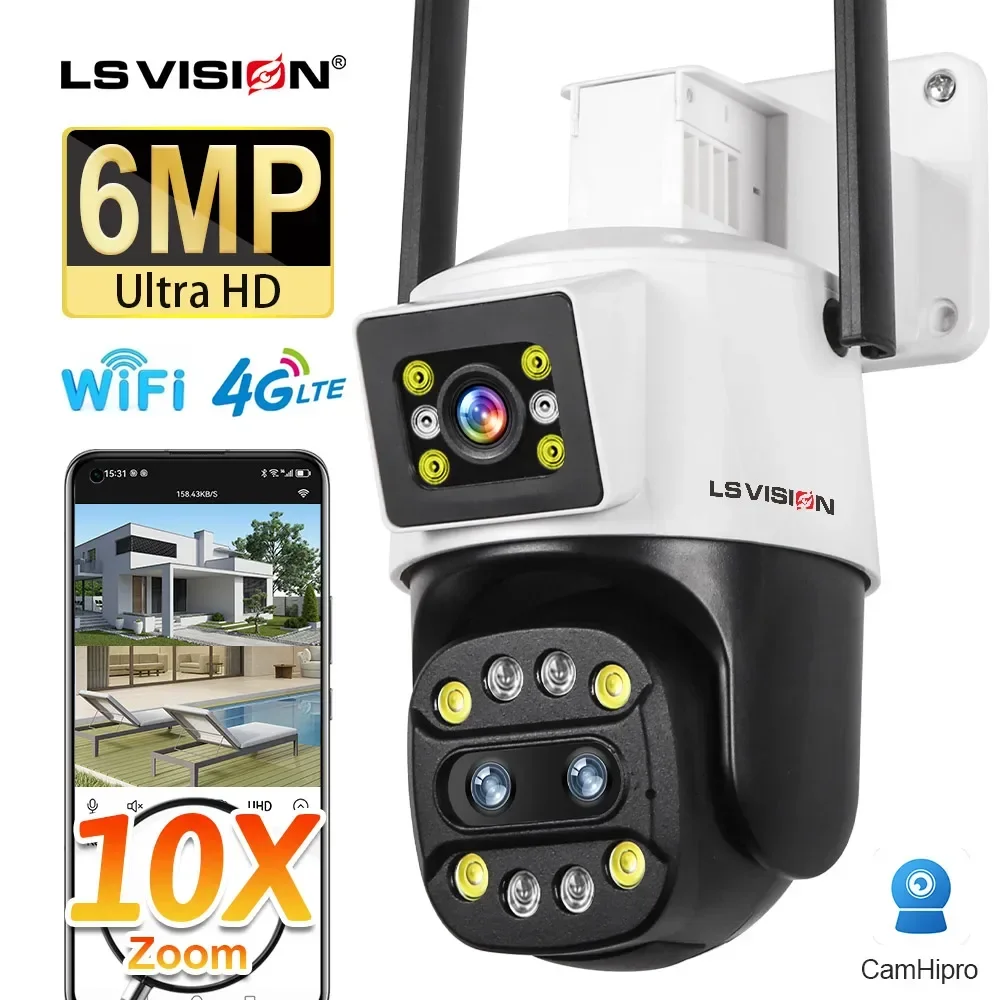 

LS VISION 6MP 4G Dual Screen Security Cameras Wireless Outdoor WiFi PTZ 10X Zoom Three Lens P2P Human Auto Tracking CCTV Camera