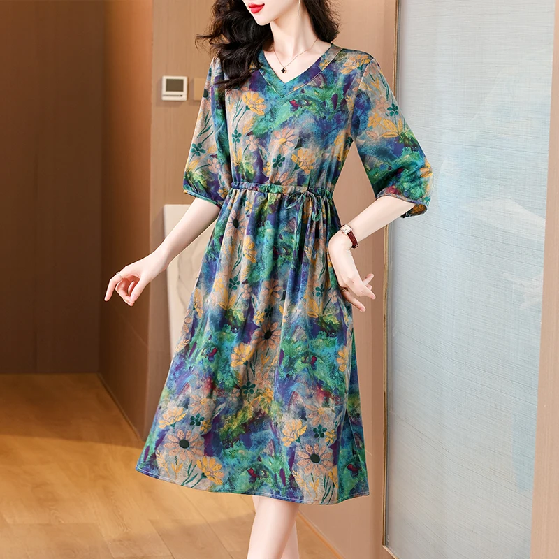 

Женское шелковое платье-миди с цветочным принтом, свободное повседневное элегантное облегающее платье в Корейском стиле, весна-лето 2024