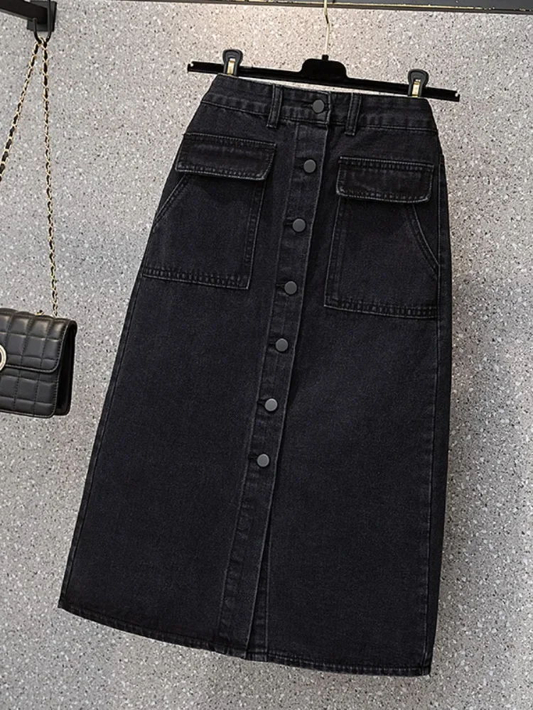 

Vintage Denim Long Skirt for Women 2024 Autumn High Waist Button Raw Edge A-Line Slit Skirt Female Street Jean Skirts F34