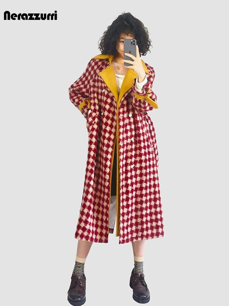 

Lautaro Autumn Winter Long Warm Thick Colorful Plaid Patchwork Woolen Coat Women Sashes Luxury Chic Wool & Blends Overcoat 2024