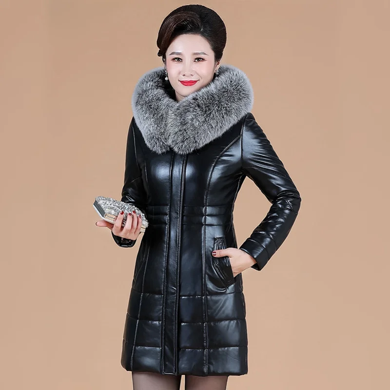 

Mother L-8XL Leather Coat Winter 2023 Women Split Sheepskin Jacket Thicken Warm Faux Fur Collar Hooded Outerwear Long Overcoat