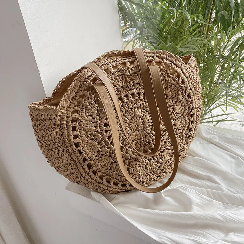 Round Woven Straw Beach Bag - Travel Tote 4 S79841f62671347b0a5c22622fbf7c5ffP