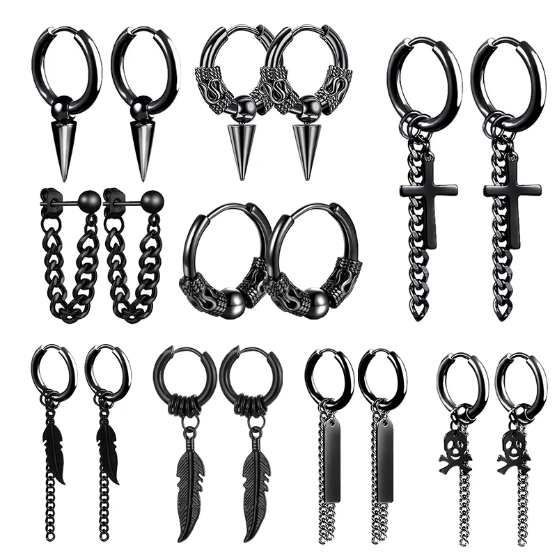 

1-9 Pairs Punk Stainless Steel Stud Earrings Black Earrings Set For Men Women Vintage Hip Hop Piercing Ear Jewelry Accessories