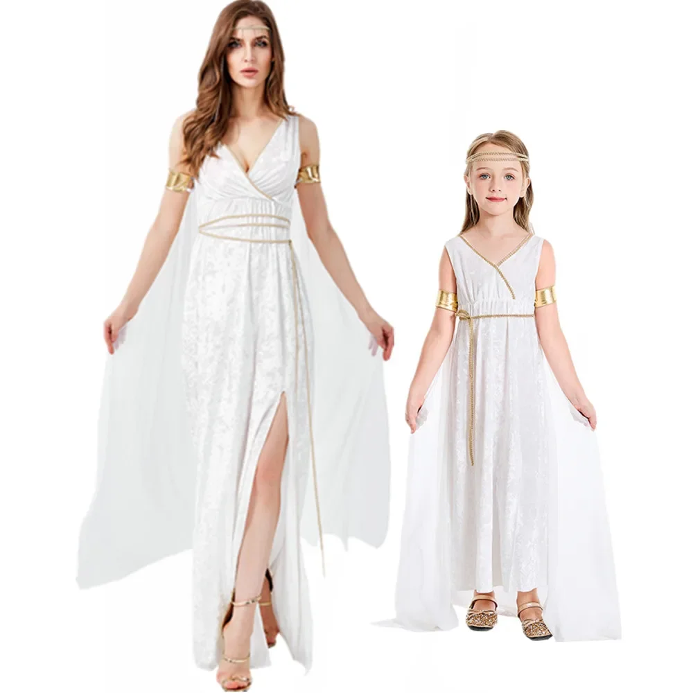 

Adult Kids Carnival Ancient Greek Goddess Fairy White Dress Athena Cosplay Roman Grecian Toga Halloween Party Fancy Costume