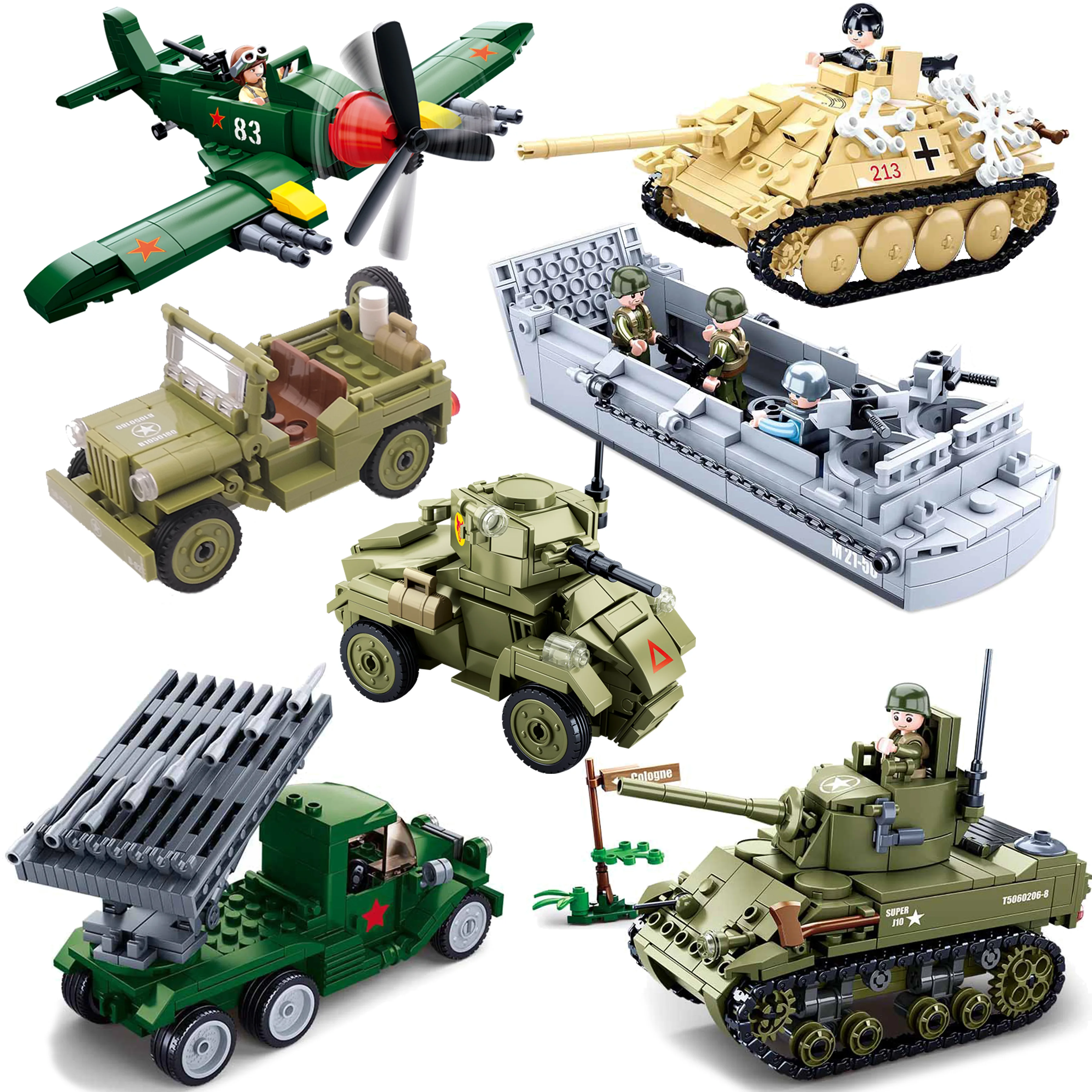 

WW2 Stuart Tank Katyusha Rocket Jeep Landing Craft US Army Military Car Soldier Model Building Block Brick Children Gift kid Toy