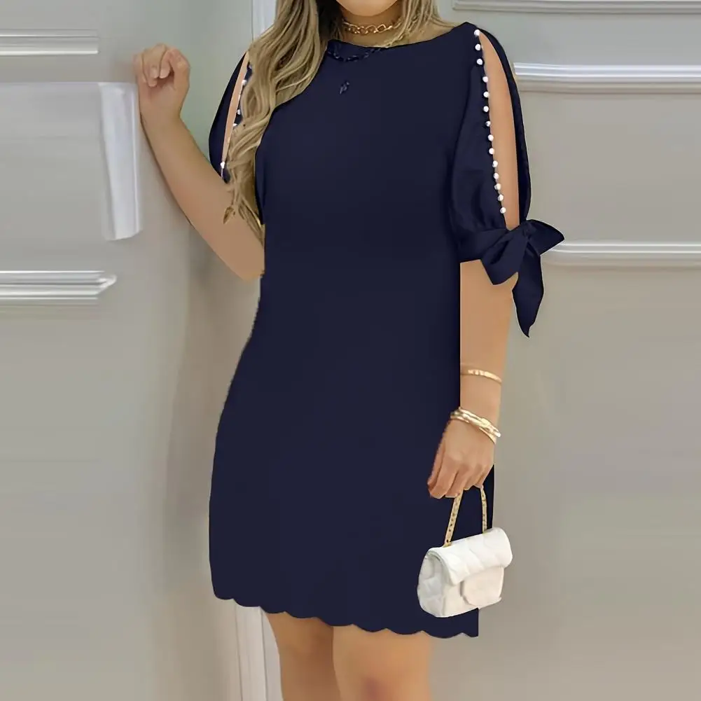 Women Spring Dress Soft Breathable Women's Knee Length Midi Dress with Hollow Out Three Quarter Sleeves Round Neck for Lady 
Women Spring Dress Soft Breathable Women's Knee Length Midi Dress with Hollow Out Three Quarter Sleeves Round Neck for Lady