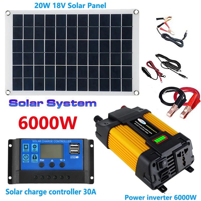 

110/220V Solar Power System 20W Solar Panel Battery Charge 30A Controller 6000W Inverter Modified Sine Wave Power Generation Kit