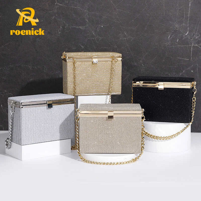 

ROENICK Women Shiny Square Evening Bags Party Club Cocktail Luxury Designer Handbags With Chain Banquet Cosmetic Silver Clutch