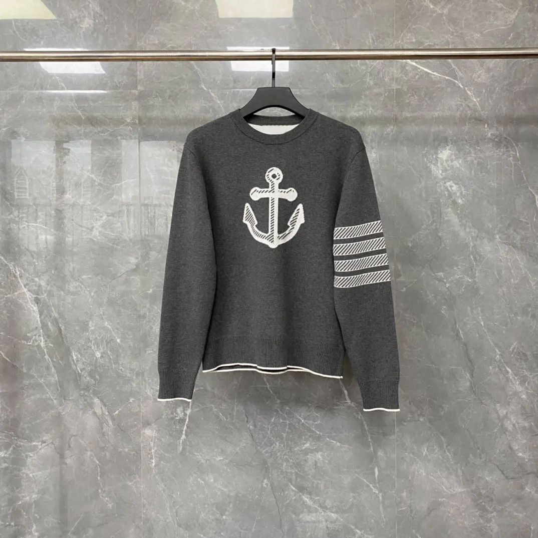 

Autumn Pullover Anchor Jacquard Crew-neck Causal Men Sweater Four Stripes Grey Pullover Sweater With White Border