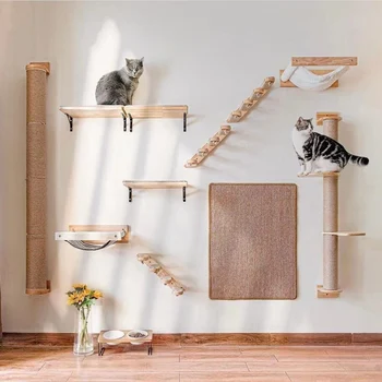 고양이 벽 등반 선반, 벽걸이 해먹, 고양이 긁기 포스트, 나무 계단 선반, 사이 살 로프 사다리 벽 고양이 나무