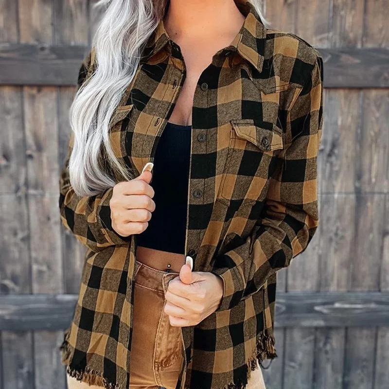 

2024 Spring Summer New Women's Clothing Lapel Single Breasted Color-Contrast Check Shirt Coat