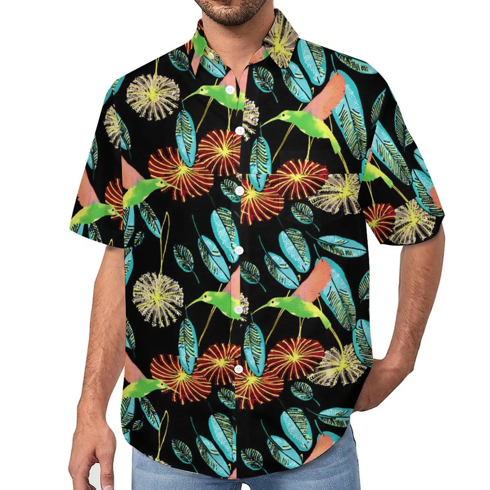 

Tropical Birds Flower Loose Shirt Men Vacation Green Leaves Casual Shirts Hawaiian Design Short Sleeve Stylish Oversized Blouses