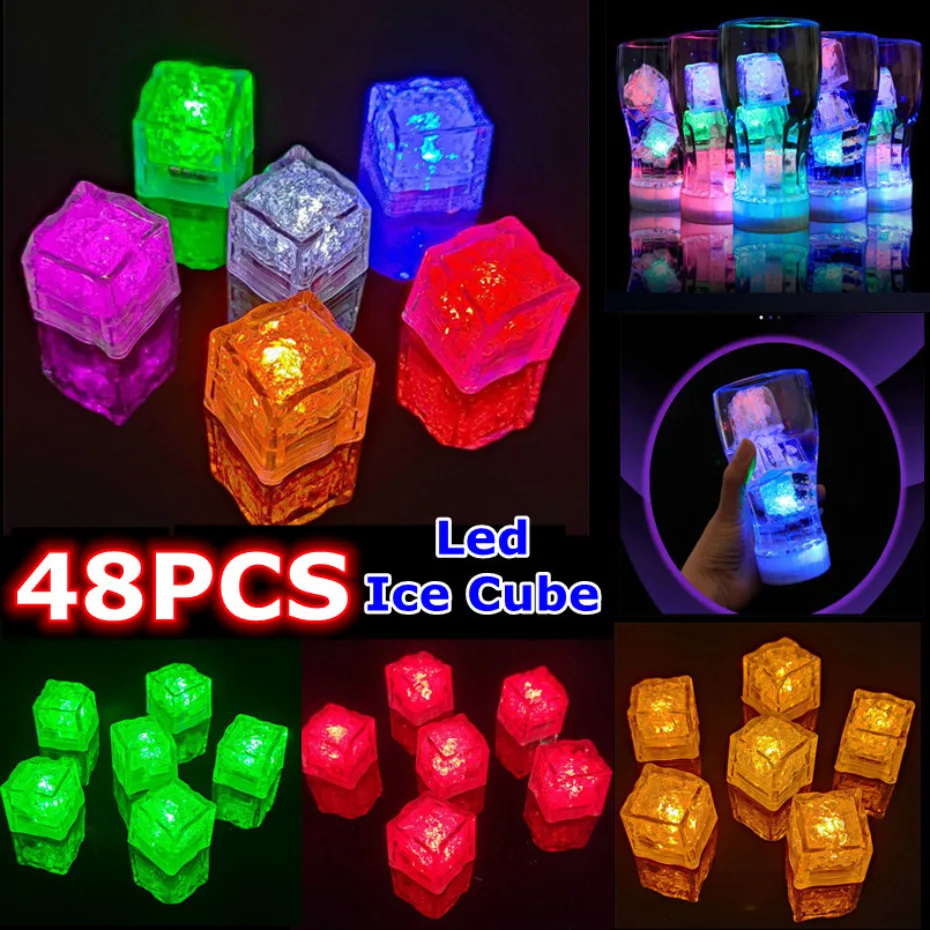 

12-48pcs Waterproof Led Ice Cube Multi Color Flashing Glow in The Dark Light Up for Bar Club Drinking Party Wine Decoration
