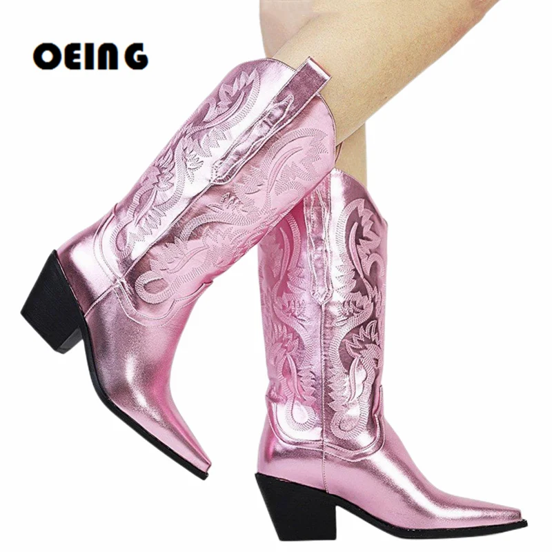 

Western Cowgirl Cowboy Boots Women Metallic Leather Mid Calf Boots Fashion Retro Pointed Toe Pull On Embroidered Shoes For Woman