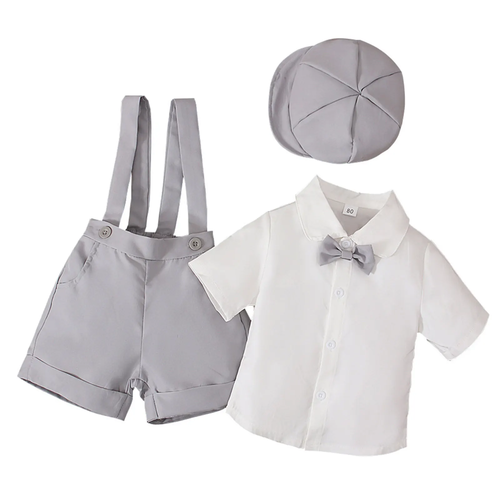 

Kids Toddler Boys Summer Gentleman Suit Short Sleeves Bow Tie Shirt with Suspender Shorts Hat Set Wedding Birthday Party Outfits