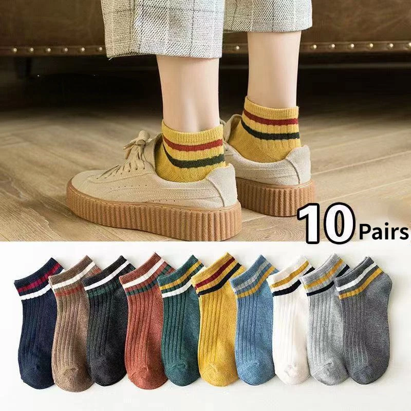 

10 Pairs/Lot Summer Casual Cute Women Socks Ladies Fashion Concise Stripe Breathable Comfortable Trendy Ankle Socks Set