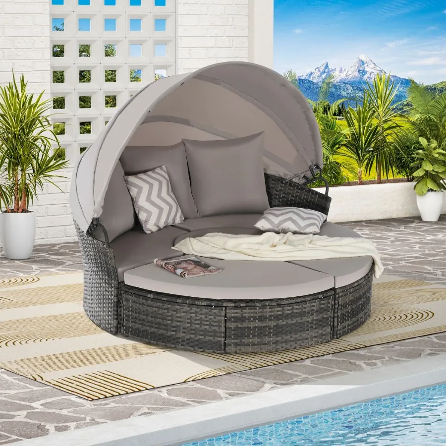 5 Pieces Outdoor Patio Round Daybed Furniture Wicker Conversation Set with Retractable Canopy Soft Cushions and Storable Table 5 Pieces Outdoor Patio Round Daybed Furniture Wicker Conversation Set with Retractable Canopy Soft Cushions and Storable Table