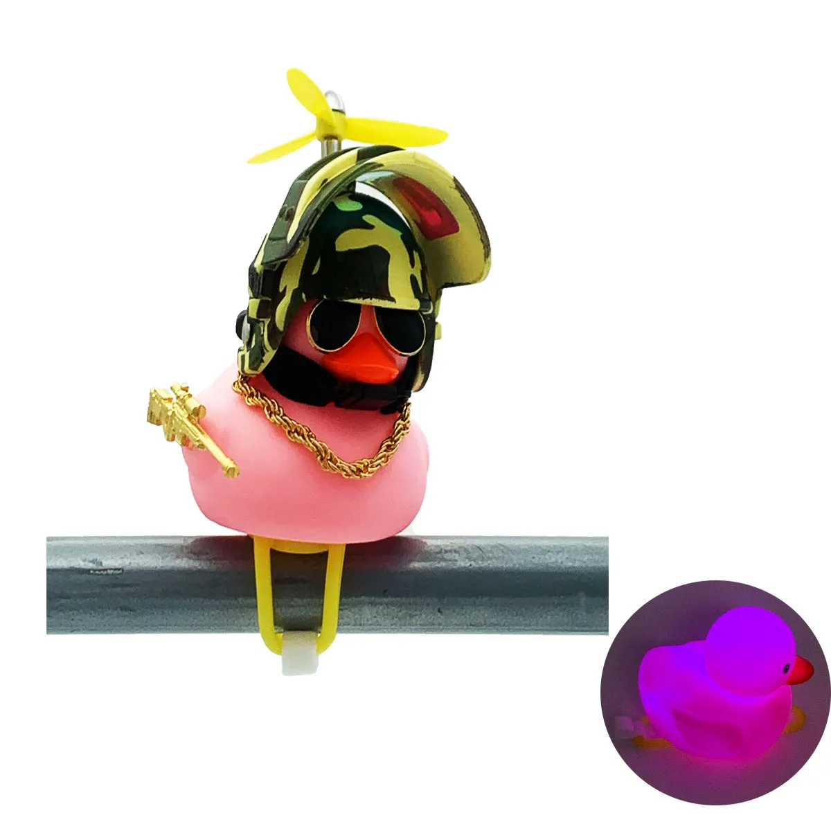 Factory Price Little Pink Duck Bike Bell Car Dashboard Decorations with LED and Gun & Propeller Helmet Sunglasses Gold Chain
Factory Price Little Pink Duck Bike Bell Car Dashboard Decorations with LED and Gun & Propeller Helmet Sunglasses Gold Chain