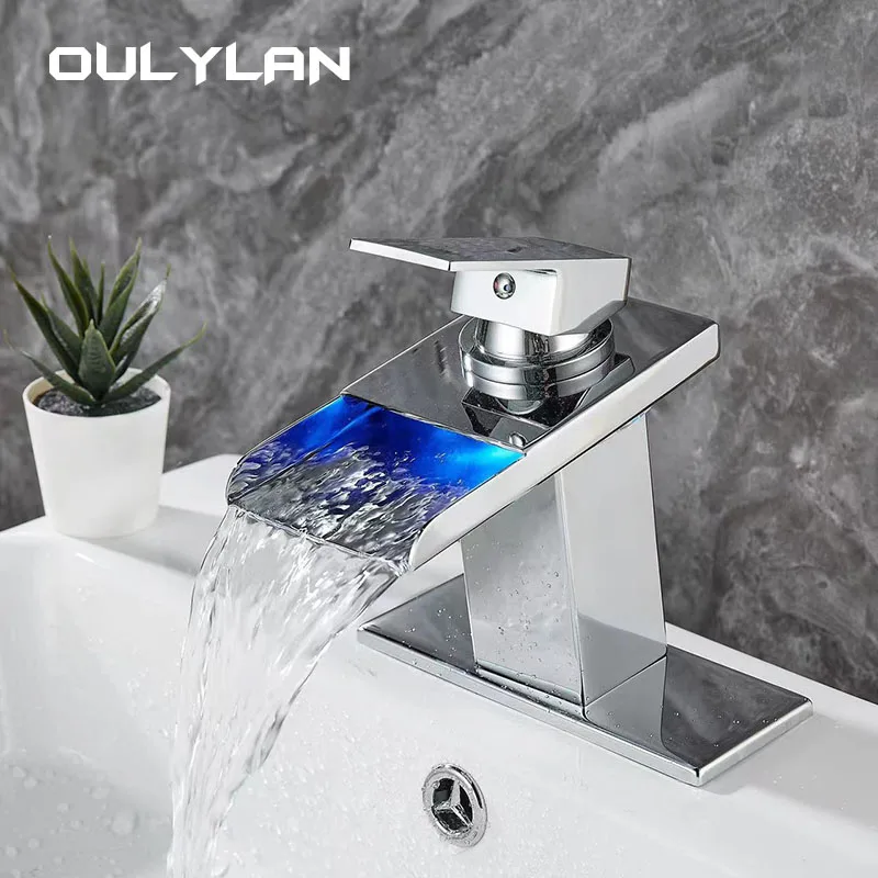 

Waterfall Faucet LED Luminous Water Power Color Changing Mixer Tap Bathroom Basin Faucet Brushed Stainless Steel Deck Large Sink
