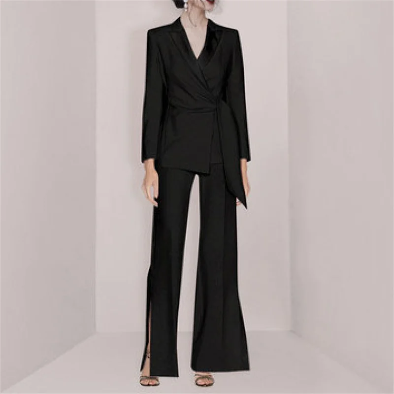 Blazer Suits Office Lady Two Piece Set Spring Split Wide Leg Pants