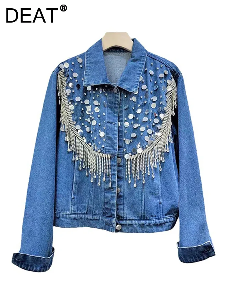 

DEAT Women's Denim Coats Patchwork Tassels Pendant Sequins Diamonds Single Breasted Jackets 2024 Summer New Fashion 29L7353