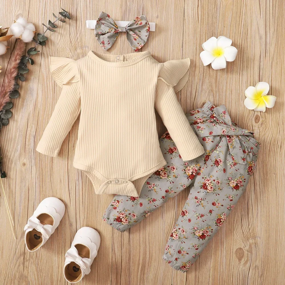 

0-18M Newborn Infant Baby Girls Easter Outfits Long Sleeve Romper Tops+Bunny Suspender Dress +Cute Headband 3pcs Spring Clothes