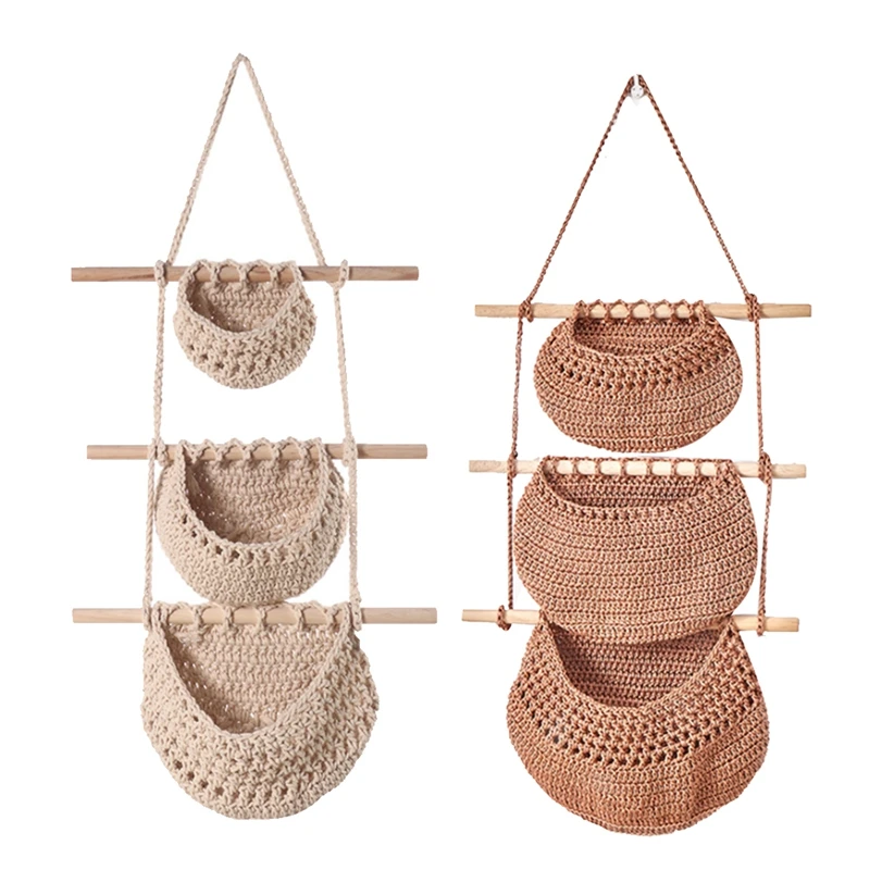 

Wall-Mounted Three-Tier Fruit Hanging Basket Bohemian Fruit Net Pocket Hand-Woven Rope Hanging Basket Flower Pot