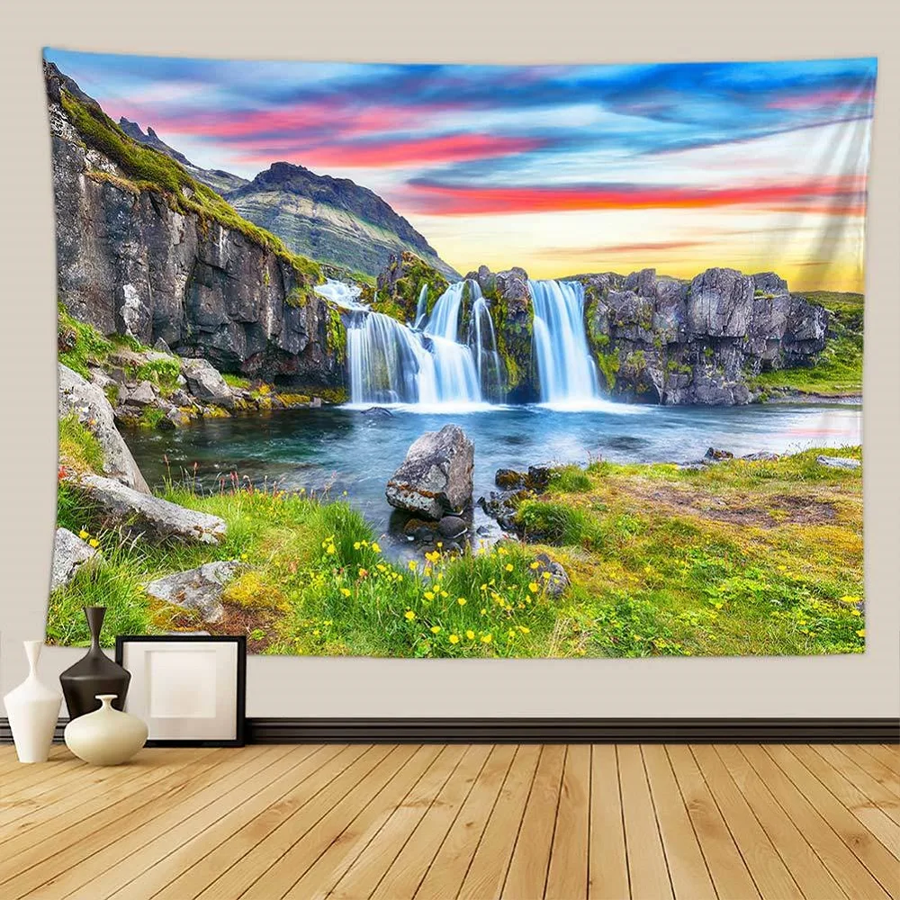 

3D Mountain Water Waterfall Tapestry Natural Forest Trees Lake Scenery Tapestries Bedroom Living Room Dorm Decor Wall Hanging