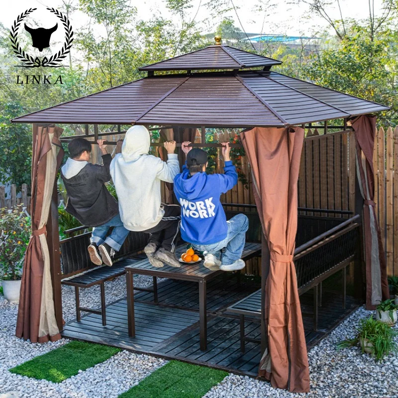 

3x4m Outdoor Gazebo Log Cabin Rural Small Courtyard Villa Four-corner Galvanized Roof Awning Aluminum Pavilion