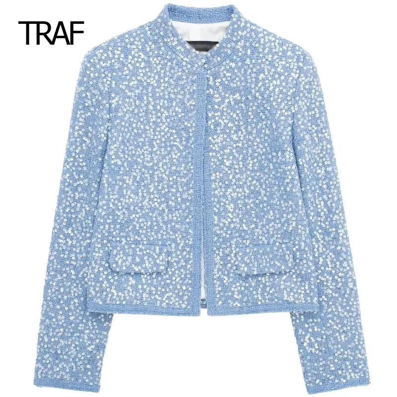 

TRAF Sequins Cropped Cardigan Women Jackets Spring 2024 V-Neck Long Sleeves Top New In Outwear Elegant Women Coat New Arrivals