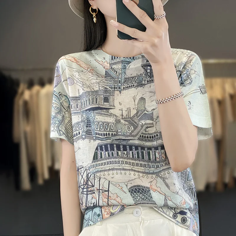 2024 summer new ink painting pullover short sleeve Women's graffiti knitted round neck short sleeve wool knitted T-shirt Silk
2024 summer new ink painting pullover short sleeve Women's graffiti knitted round neck short sleeve wool knitted T-shirt Silk