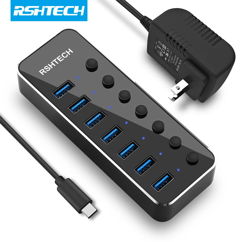 

RSHTECH USB 3.0 Hub 7 Port Expander 5Gbps Data Transfer USB Splitter with Individual On/Off Switches and 5V/2A Power Adapter