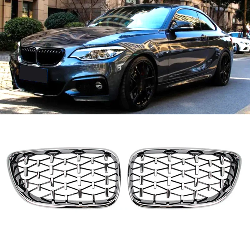 

Diamond Car Front Kidney Grille Racing Grill Silver Grills Gloss Black Grilles For BMW 2 Series F22 F23 F87 M2 14-19 Accessories