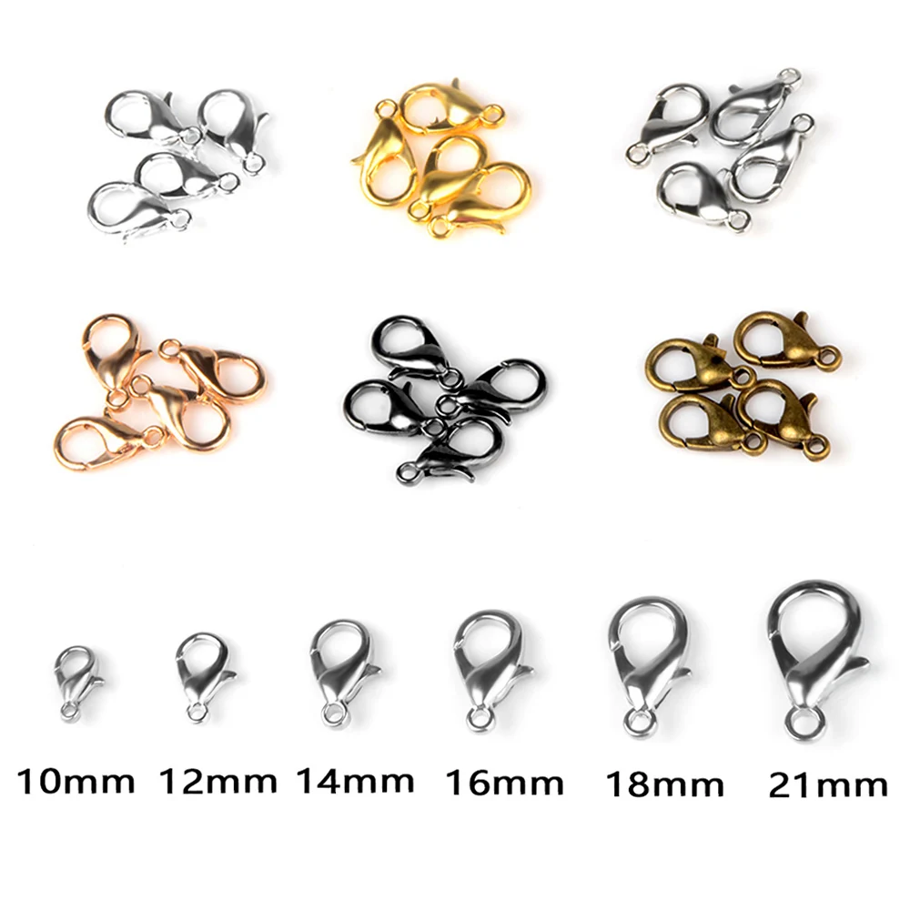 

50pcs/lot 10-18mm Alloy Plated Metal Lobster Clasp For DIY Bracelet Necklaces End Clasps Hooks Connectors Jewelry Making Finding