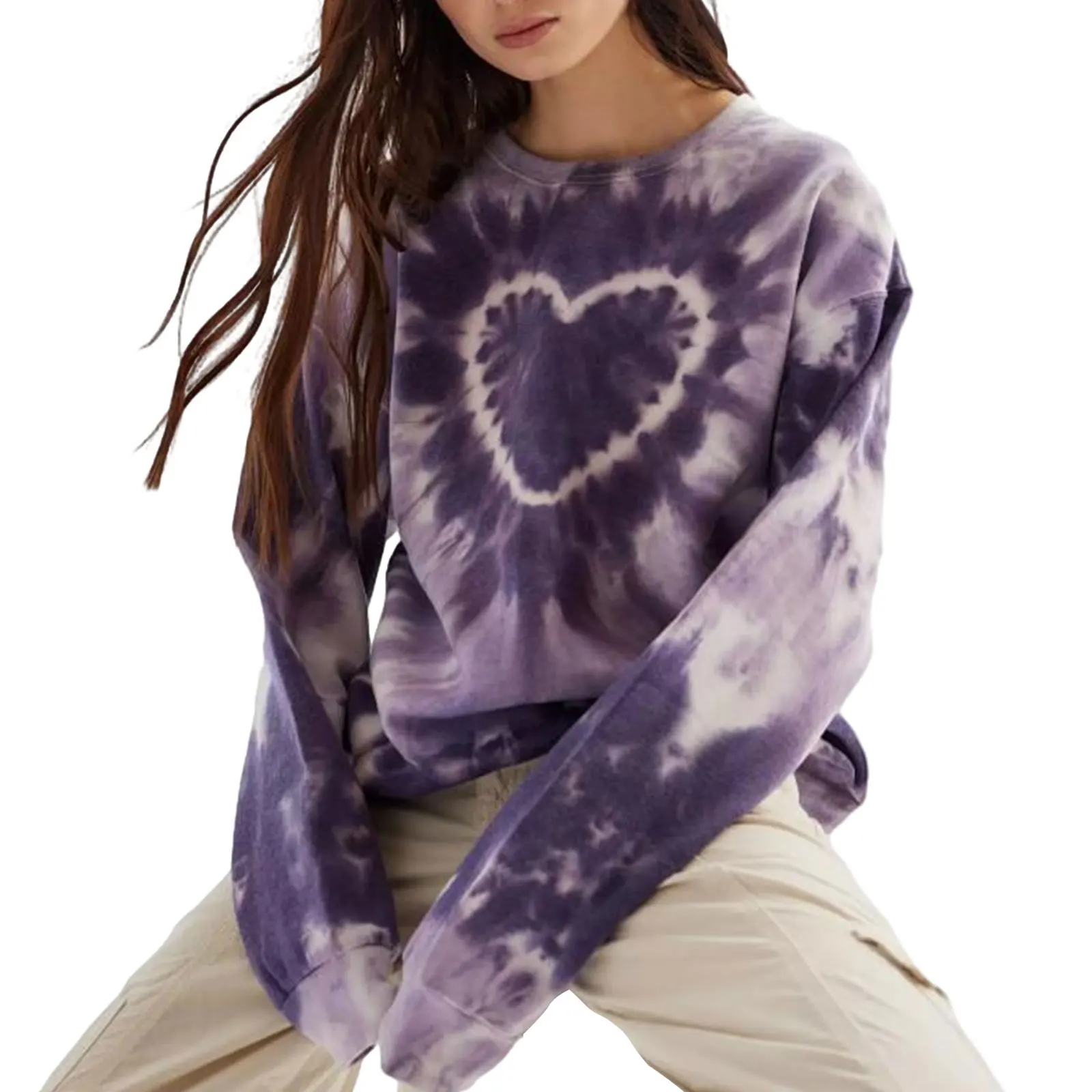 

Women's Spring Autumn Loose Sweatshirt Long Sleeve Heart Tie Dye Print Crewneck Pullover Streetwear