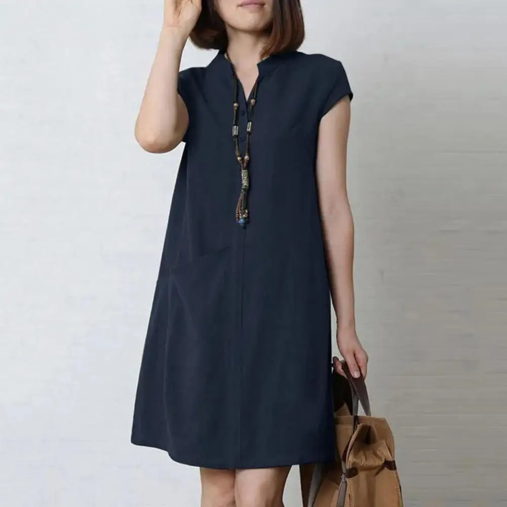 

Summer Dress Stylish Women's Buttoned V Neck Mini Dress with Stand Collar Single Pocket Soft Loose Summer Commute Style in Pure
