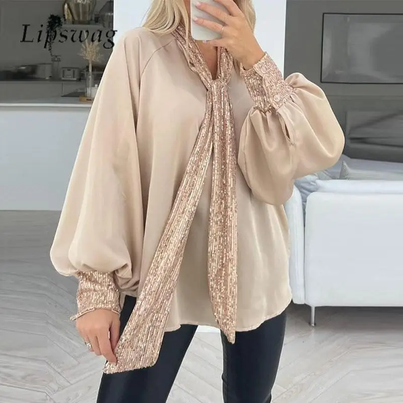 2024 Autumn Ladies Apricot Lantern Sleeve Jumper Blouse Casual Ladies Sequined Loose Tops Fashion O Neck Lace-up Scarf Pullover
2024 Autumn Ladies Apricot Lantern Sleeve Jumper Blouse Casual Ladies Sequined Loose Tops Fashion O Neck Lace-up Scarf Pullover