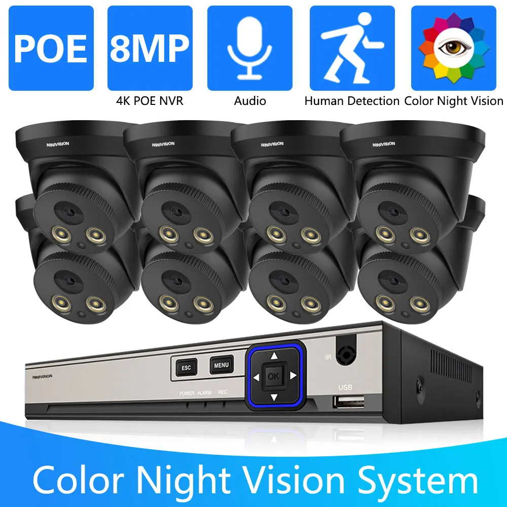 

8CH 8MP Ultra HD POE NVR Video Security System 4K H.265 Surveillance NVR IP66 CCTV Audio Record Color Night Vision Dome Cameras