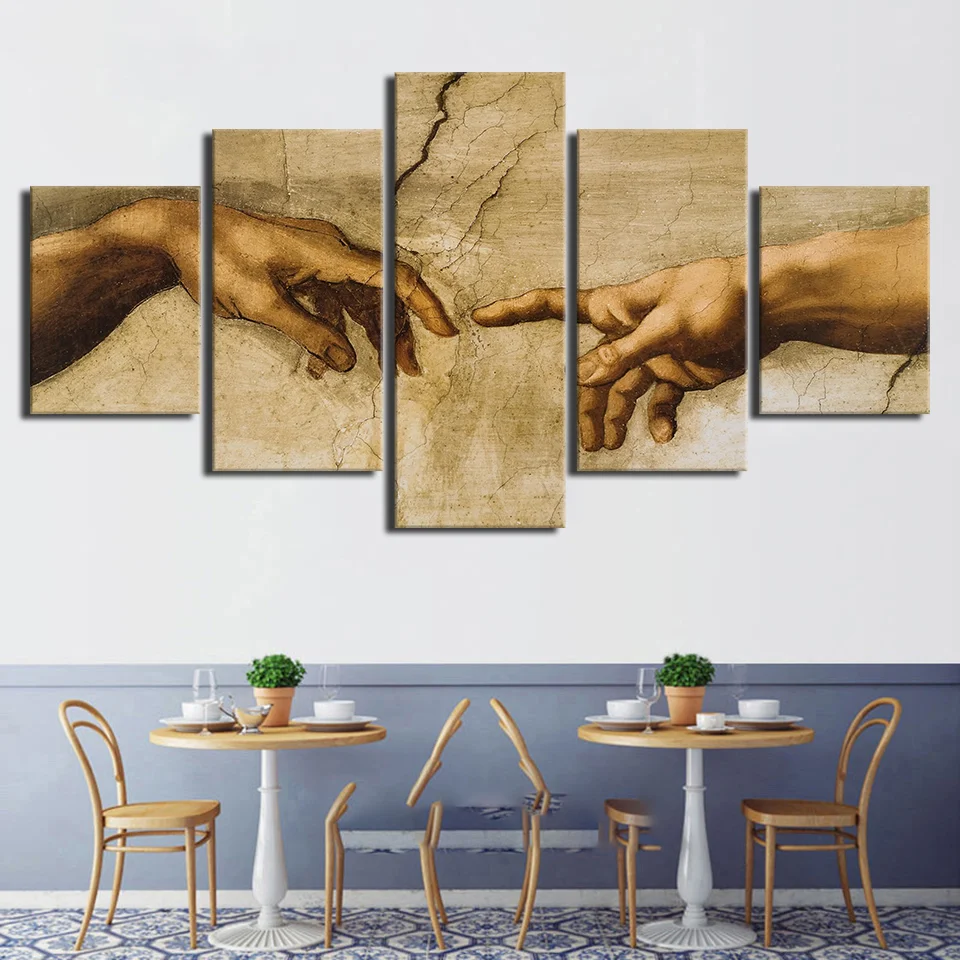 

No Framed Canvas 5 Pieces Creation Of Adam Hand Of God Mural Modern Wall Print Art Posters Pictures Home Decor Room Paintings
